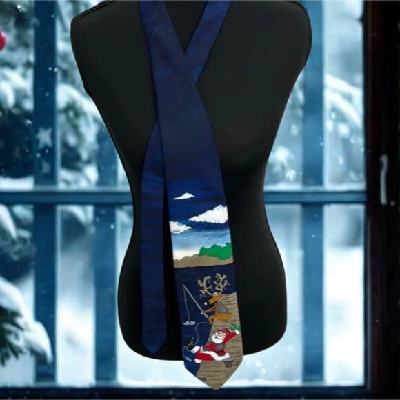 Hallmark  Tie Mens Christmas Santa Fishing Necktie Blue - Picture 2 of 6